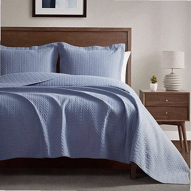 3 Piece Quilt Set, Coverlet Set, Pinsonic Quilted. Queen Size 90x96 inches Blue