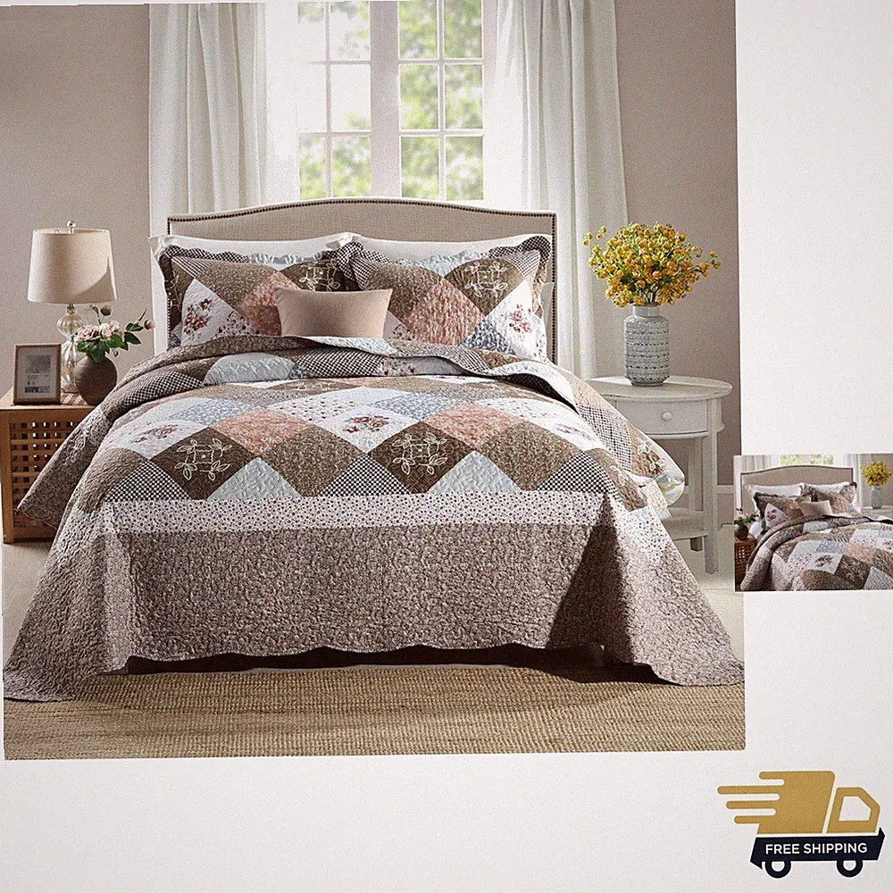3-Piece Super King Quilt Sets with Sham Oversized Bedding Bedspread Reversibl...