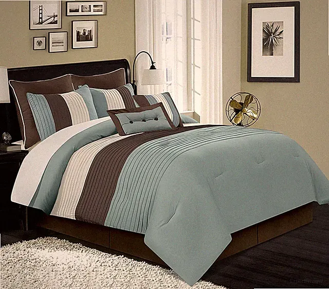 8-Piece Luxury Pintuck Pleated Stripe Off-White, Blue, and Brown Comforter Set