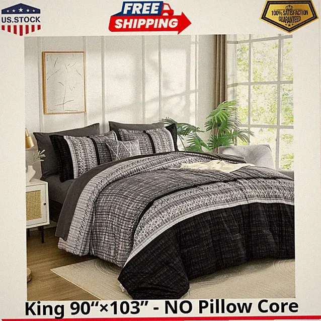 Black Comforter Set King Size, 8 Pieces Boho Striped Bed in a Bag Soft Microfibe