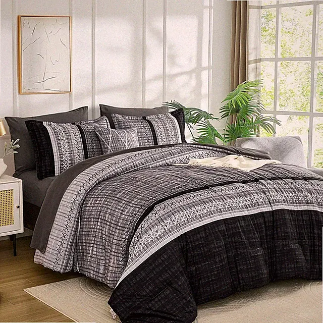 Black Comforter Set Queen Size, 8 Pieces Boho Striped Bed in a Bag Soft Microfib