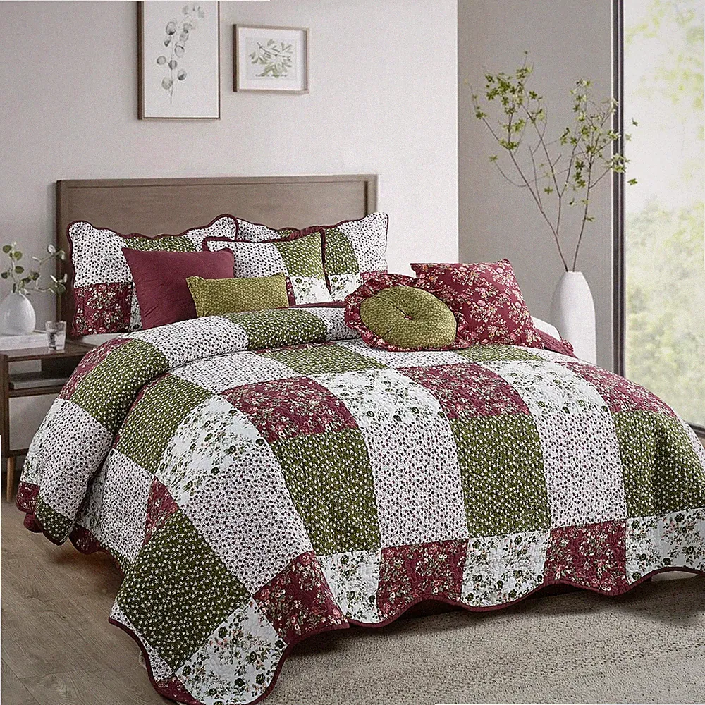 Boho 8-Piece Patchwork Quilt Set Queen/King – Floral Plaid Bedding Bedspread Set