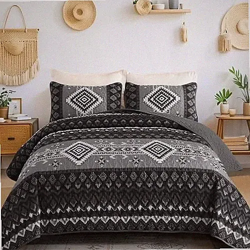 Boho Quilt Set Queen Size,3 Pieces Aztec Texture Bedspread Queen 90“×96” Black