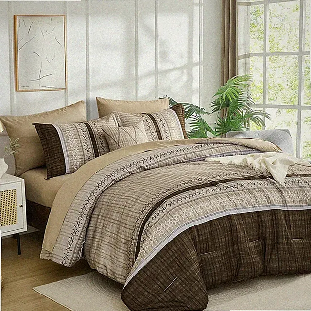 Brown Comforter Set King Size 8-Piece Boho Striped Bed in a Bag Bedding