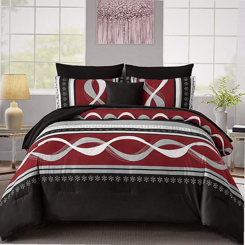 Burgundy Comforter Set King Size,8 Pieces Bed in a Bag Patchwork Striped Bedding