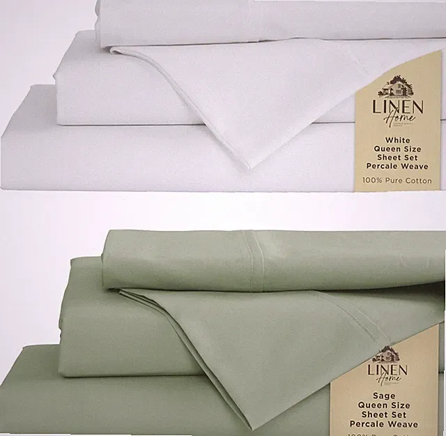 Cotton Percale Queen Sheet Set, White & Sage, Deep Pocket, 8 Pieces