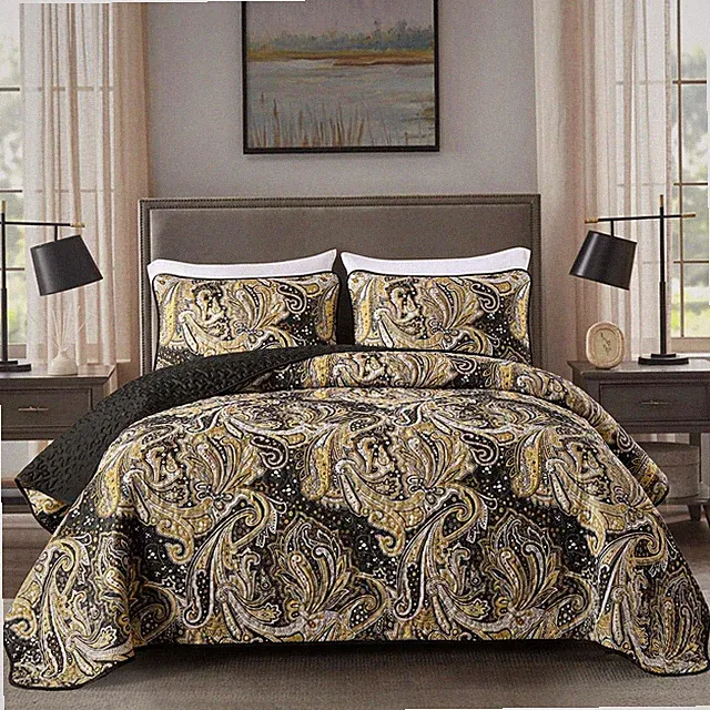 DJY Black Gold Paisley Quilt Set Queen Boho Bedspread Coverlet 3 Piece Soft