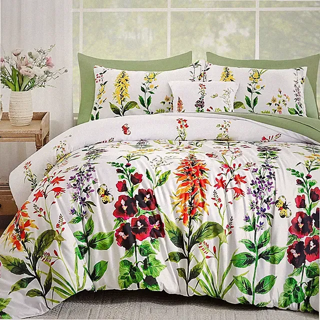 Floral Comforter Set Queen Size, Green 8 Pieces Bed in a Bag Botanical Flowers P