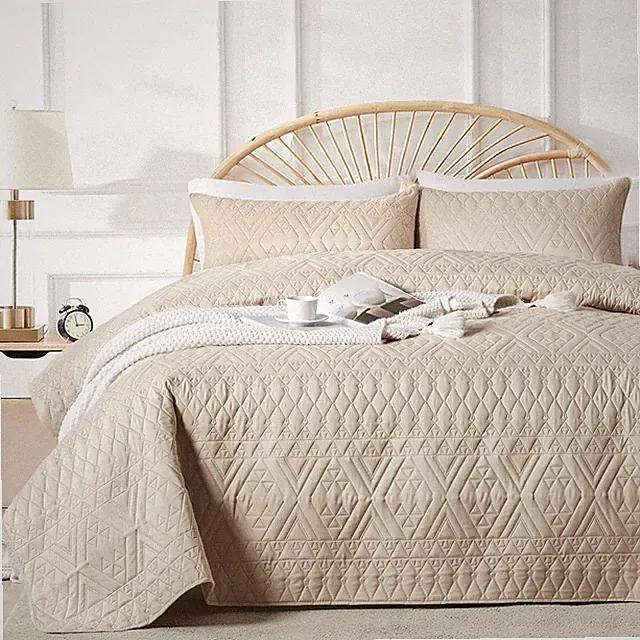 Full/Queen Size Quilt Bedding Set,Beige Lightweight Microfiber Soft Bedspread,Mo