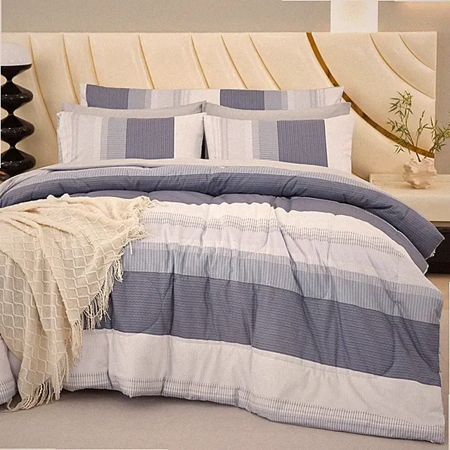 Full Size Bed Sets 8 Pieces: Light Grey Stripe Bedding Comforter Sets Soft Fl...