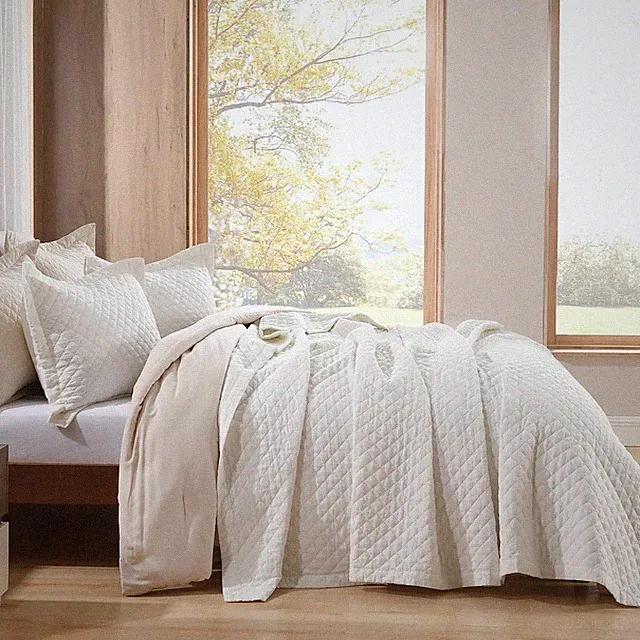 Grassix Linen Quilt Set Queen Size 3-Piece Queen Cream White