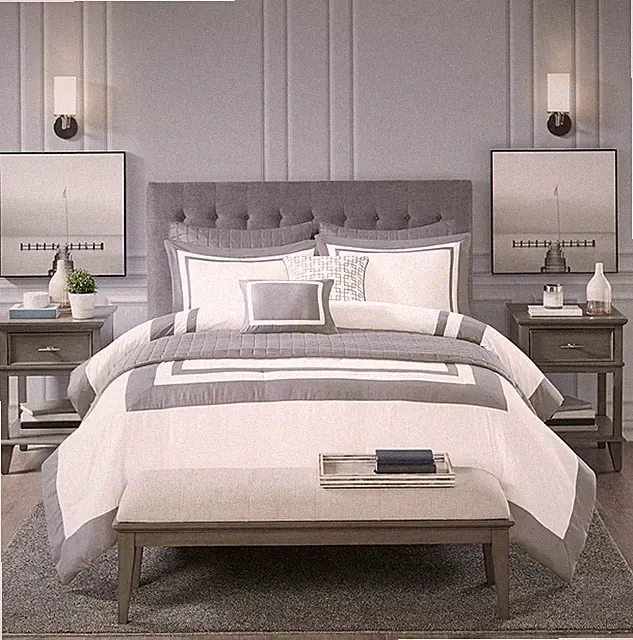 Gray Grey White Hotel Color Block 8pc Comforter Coverlet Set Full Queen Cal King