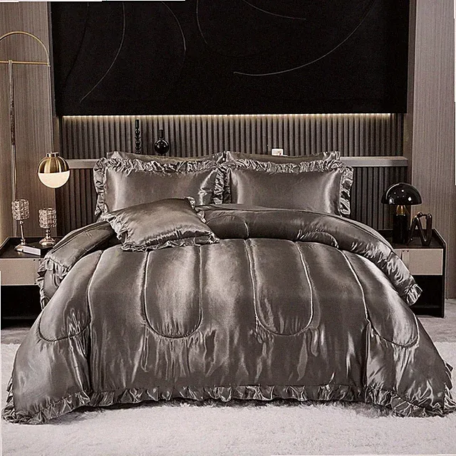 Luxury Grey Satin Comforter Set King 8 Pieces with Cushion Cover