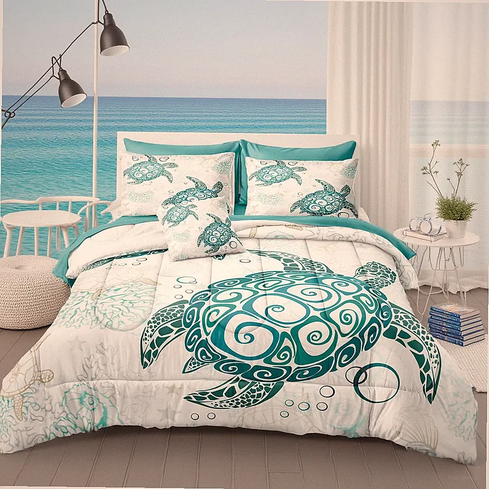 MOVE OVER Sea Turtle Bedding Set 8 Pieces Bed in a Bag Queen-8 Pieces, Teal
