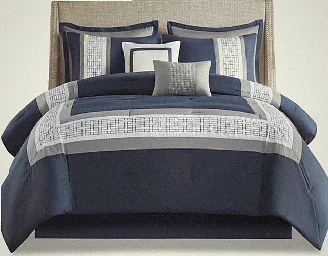 Navy 8-Piece Powell Cozy Comforter Set with Geometric Embroidery, Queen Size