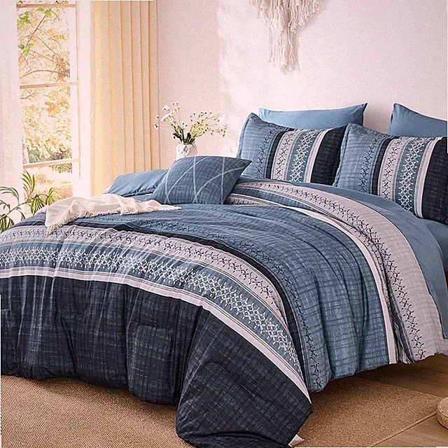 Navy Blue Queen Comforter Size Set, 8 Pieces Striped Texture Bed in a Bag Beddin