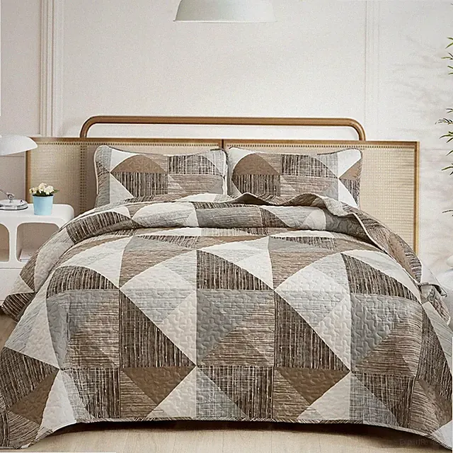 Queen Size Brown Patchwork Quilt Set - 3 Piece Bedspread Bedding