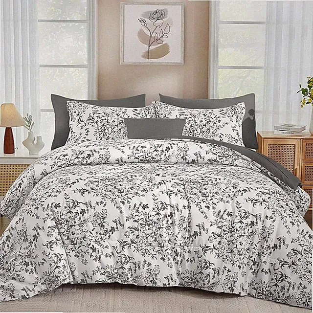 Queen Size Comforter Set, 8 Pieces Grey Floral Bed in a Bag Comferter Sets, Bota