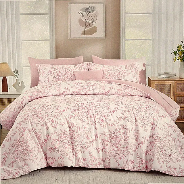 Queen Size Comforter Set, 8 Pieces Pink Floral Bed in a Bag Comferter Sets, Bota