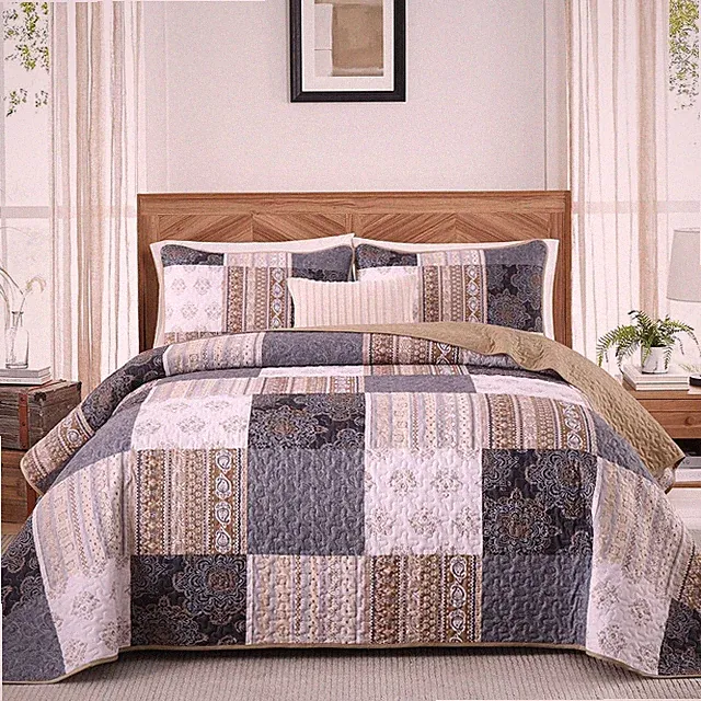 Queen Size Grey Bohemian Patchwork Quilt Set - 3 Pieces Brown Bedspread