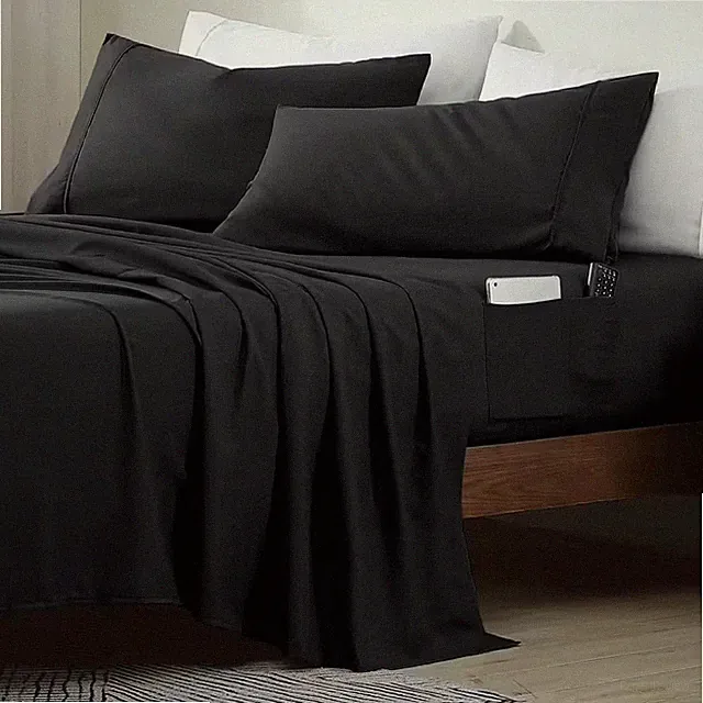 Queen Size Microfiber Sheet Set with 8 In. Double Storage Side Pockets, Black