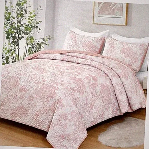 Quilt Set Size, 3 Pieces Floral Plants Printed Bedspread Coverlet Queen Pink