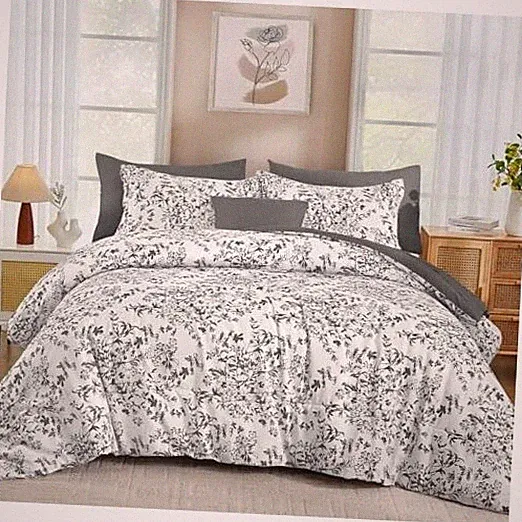 Size Comforter Set, 8 Pieces Grey Floral Bed in a Bag Queen Light Grey