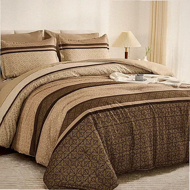 WONGS 7 PCS Comforter Set Queen King Size, Brown Striped Bed in a Bag Comforter