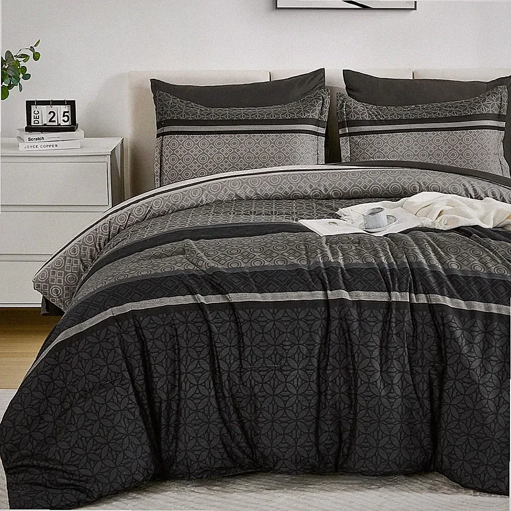WONGS BEDDING 7 Pieces Comforter Set King Size, Dark Grey Black Striped Bed i...