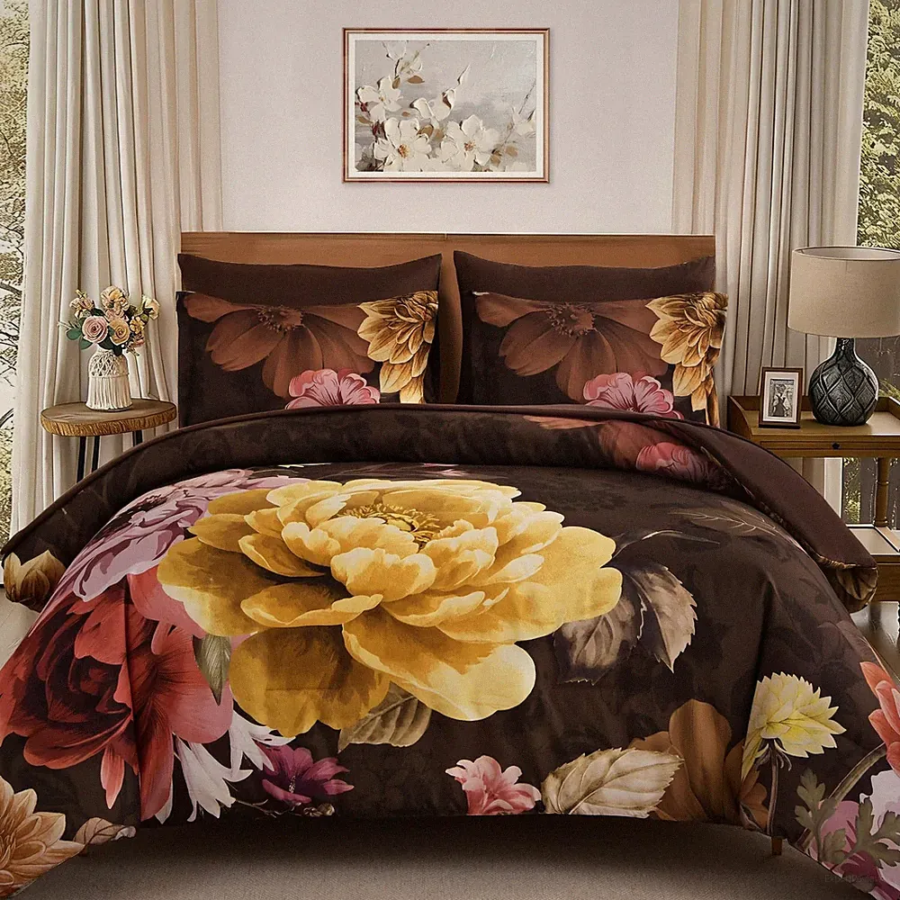 WONGS BEDDING 7 Pieces Comforter Set King Size, Floral Botanical King, Brown