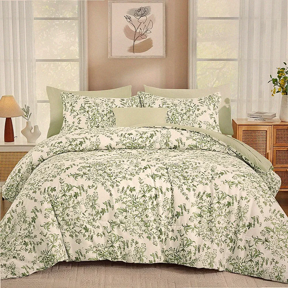 WONGS BEDDING 8 Pieces King Size Comforter Set Green,Sage Green Floral Bed in a