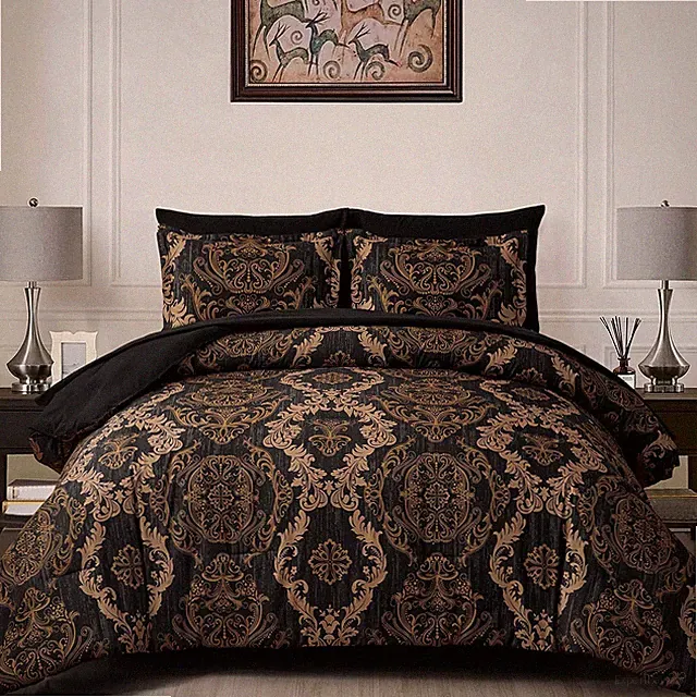 WONGS BEDDING Black Comforter Set California King Size, Gold Damask 7 Pieces