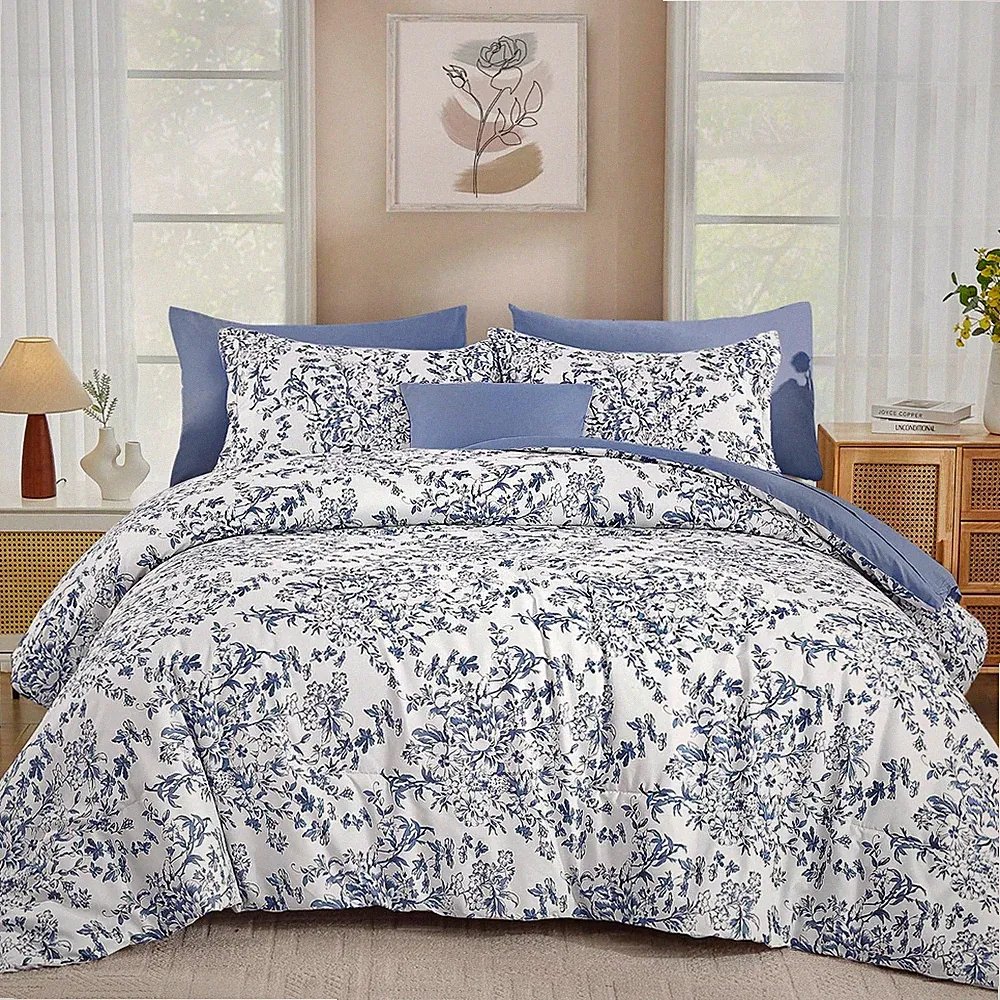 WONGS BEDDING Blue Floral Comforter Set King Size, 8 Pieces Flower Botanical Bed