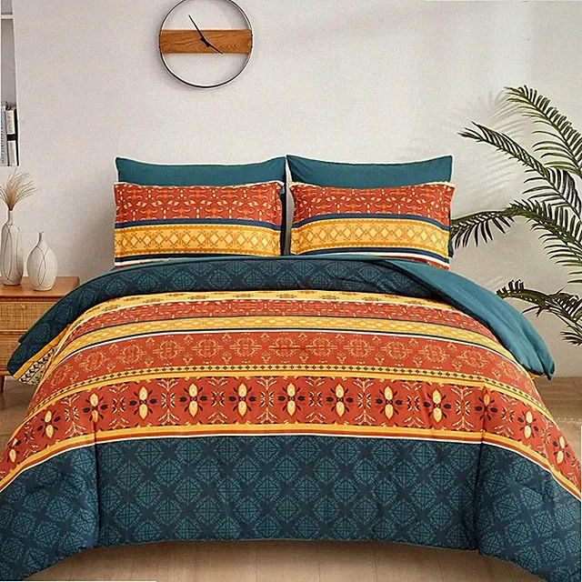 WONGS BEDDING Boho Comforter Set King Size,7 Pieces Bed in a Bag Bohemian Stripe