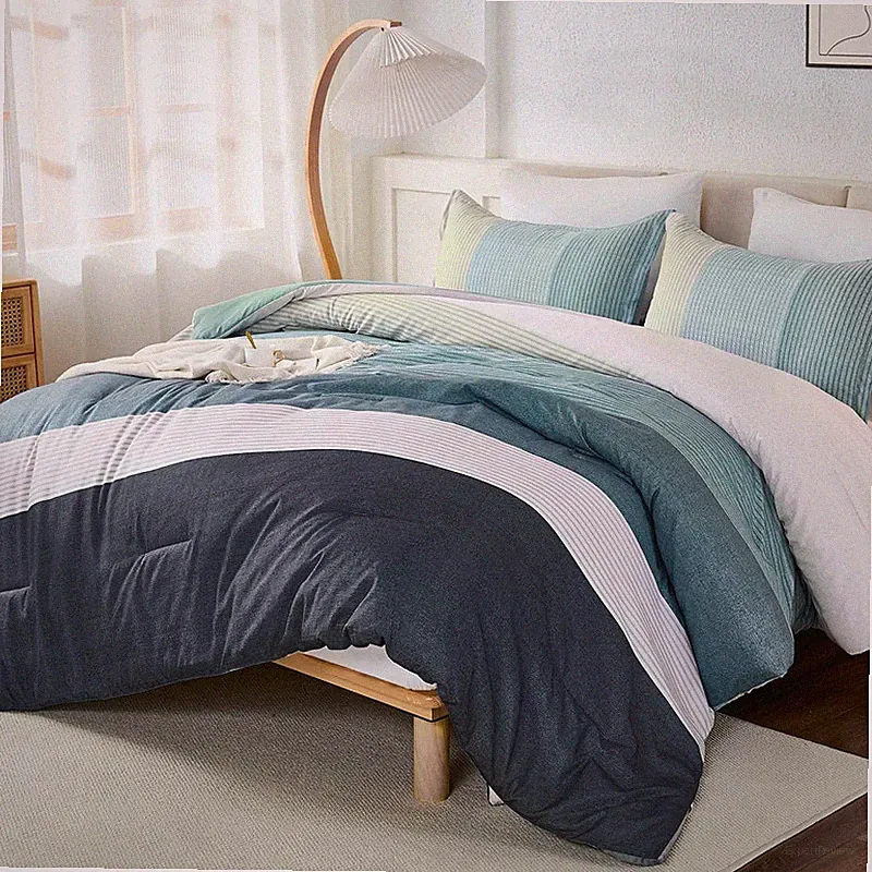 Wongs Bedding Comforter Set King Size Blue Striped Patchwork Comforter For King