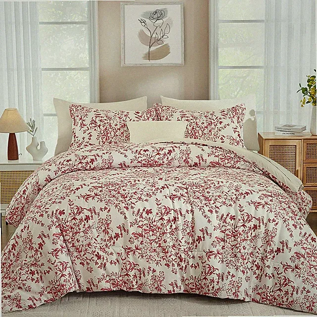 WONGS BEDDING Floral King Size Comforter Set 8 Pieces Christmas Red Botanical Be