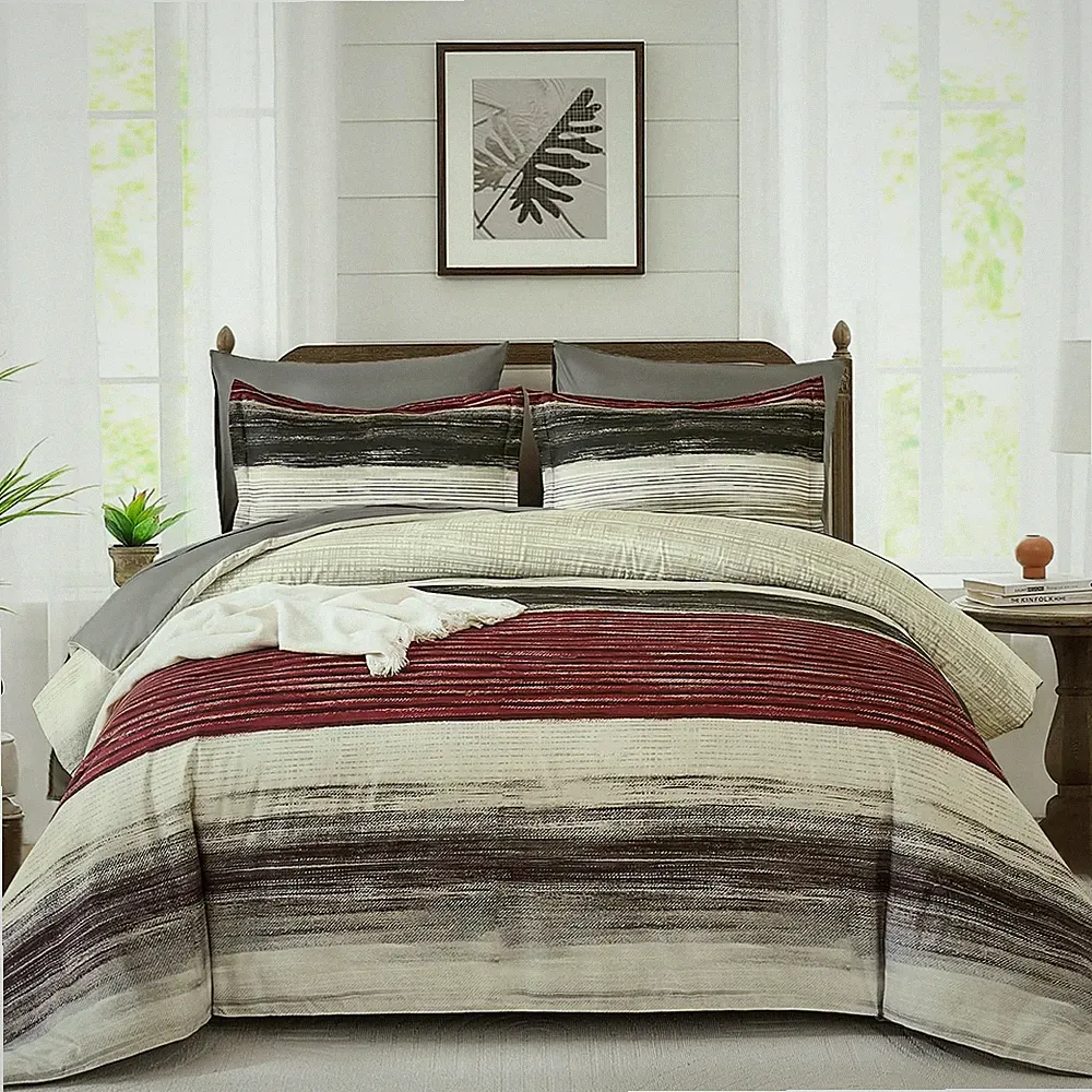 WONGS BEDDING Red King Size Comforter Set, 7 Pieces Striped Bed in King